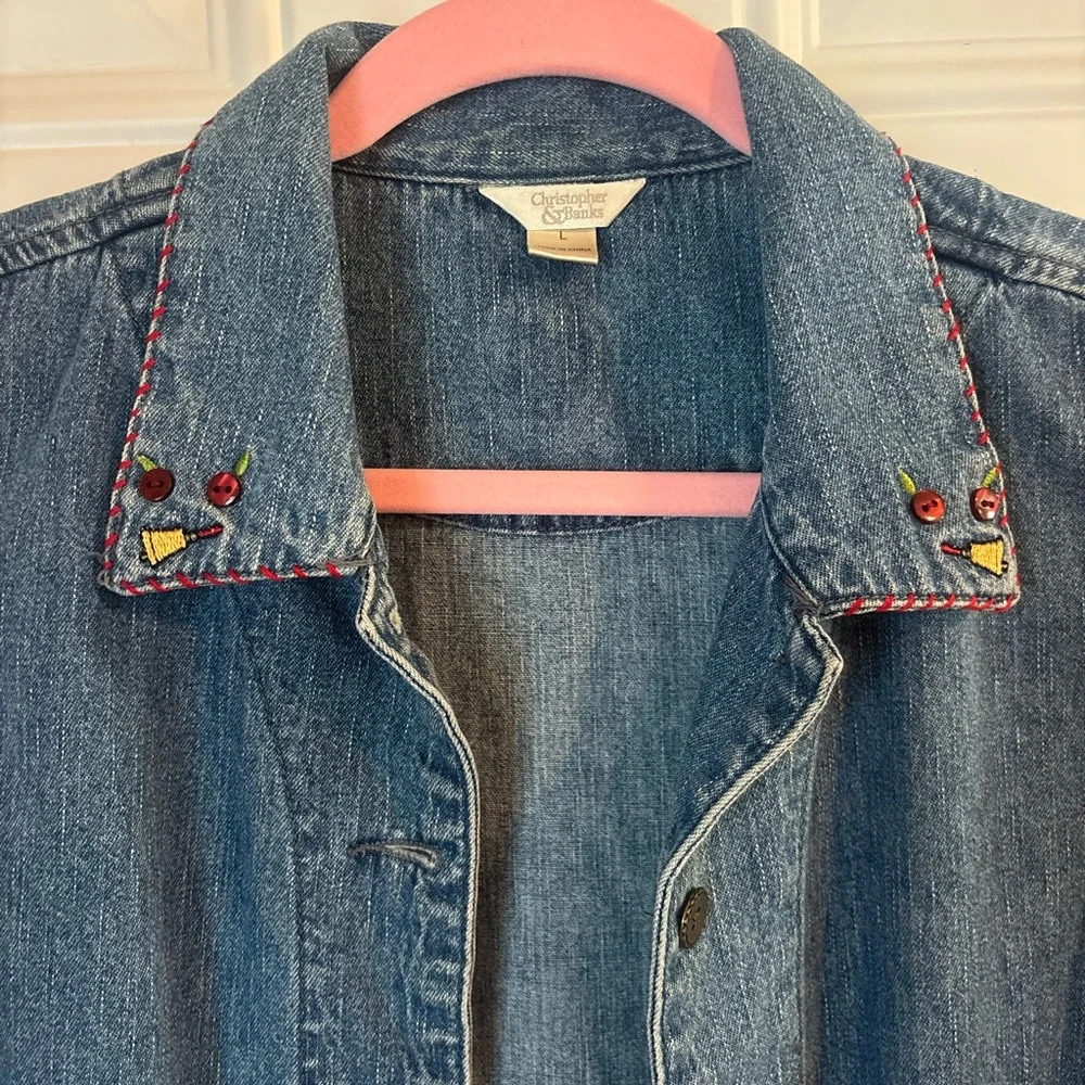 Christopher & Banks Denim Shirt Jacket - Blue. Teacher/school themed embroidery - Picture 5 of 7